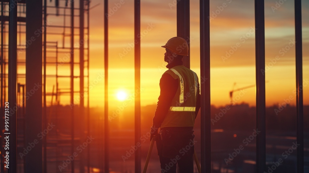 Construction Worker Admiring the Sunset Through a Window on a Construction Site. Construction Worker Admiring the Sunset Through a Window on a Construction Site.