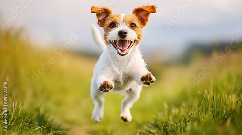 A happy Jack Russell Terrier dog jumps through the air with a joyful expression.