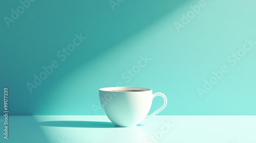 A white coffee mug on a turquoise surface, with a shadow of a sunbeam behind it.