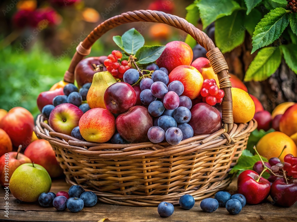 Freshly Harvested First Fruits in a Rustic Basket with Vibrant Colors and Natural Backgrounds Freshly Harvested First Fruits in a Rustic Basket with Vibrant Colors and Natural Backgrounds