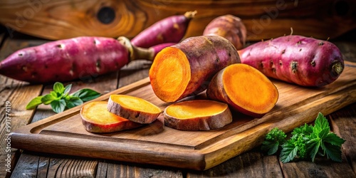 Fresh Suran (Yam) on Wooden Cutting Board Ready for Cooking in a Rustic Kitchen Setting