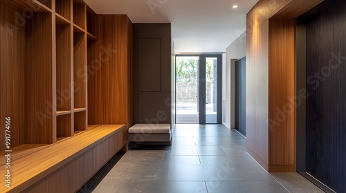 Bright and Minimalist Mudroom with Wooden Shelves and Bench