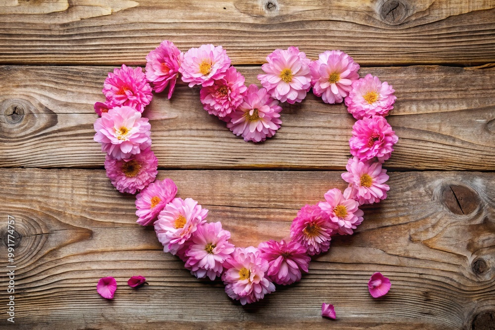 Heart symbol made of vibrant pink flowers on a rustic wooden background conveying love and affection Heart symbol made of vibrant pink flowers on a rustic wooden background conveying love and affection