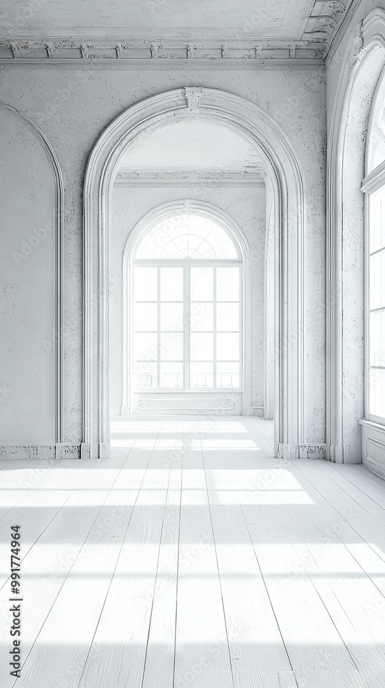 Fototapeta premium An empty, white room features arched windows and a central bench