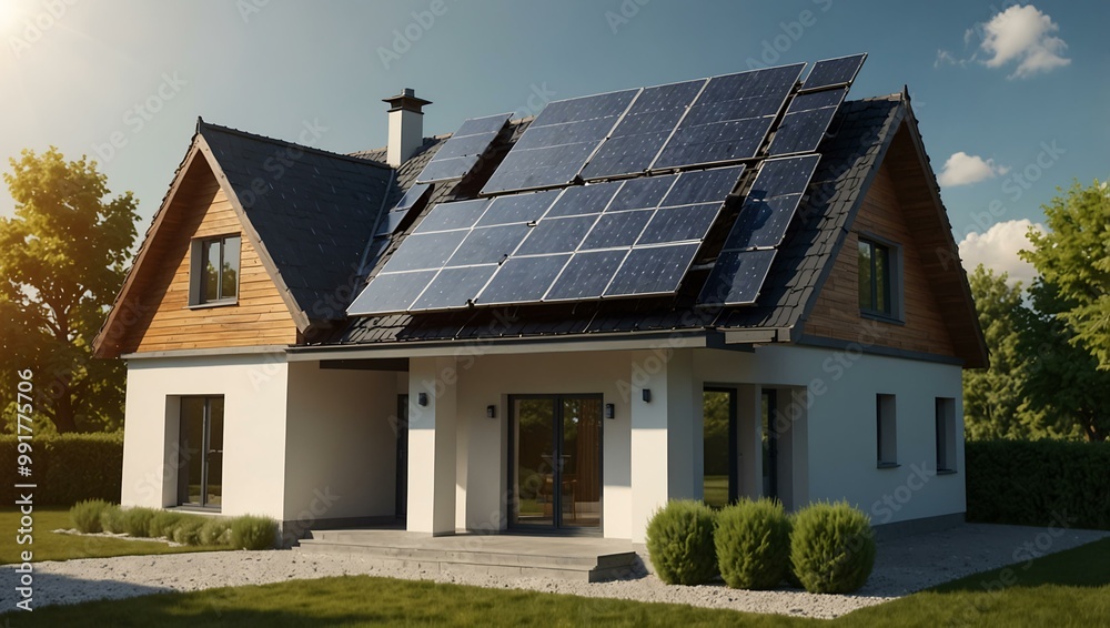 Realistic image of a modern house with solar panels. Realistic image of a modern house with solar panels.