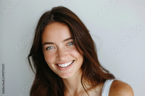 Portrait of a woman with dark brown hair on a white background, hair coloring. photo