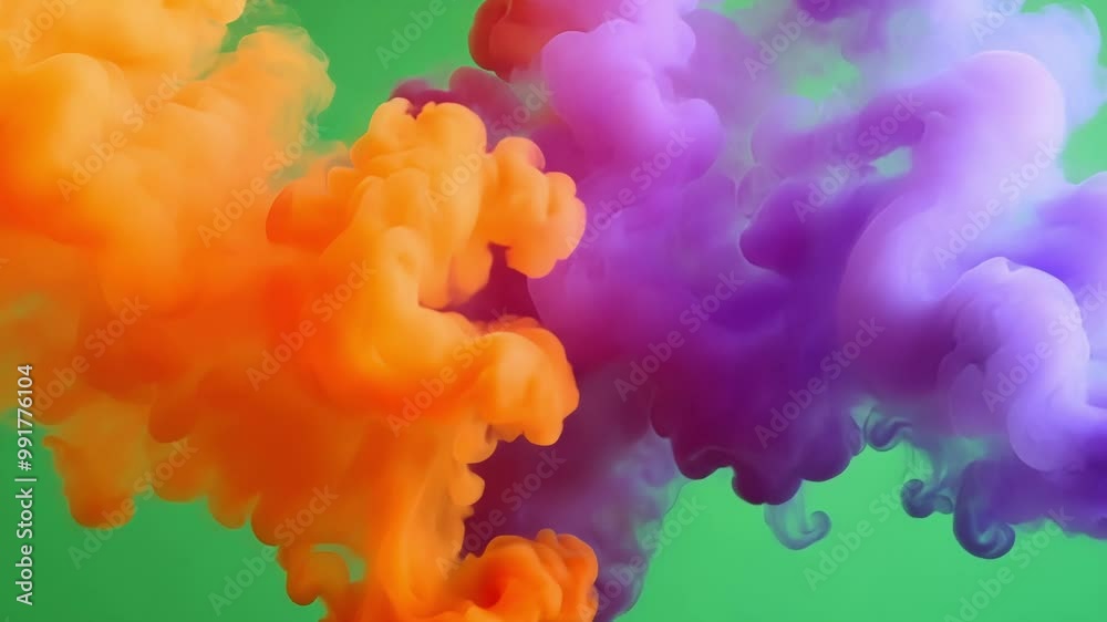Orange and purple ink mixing together to create abstract shapes and textures on a green screen background, perfect for visual effects and creative projects Orange and purple ink mixing together to create abstract shapes and textures on a green screen background, perfect for visual effects and creative projects