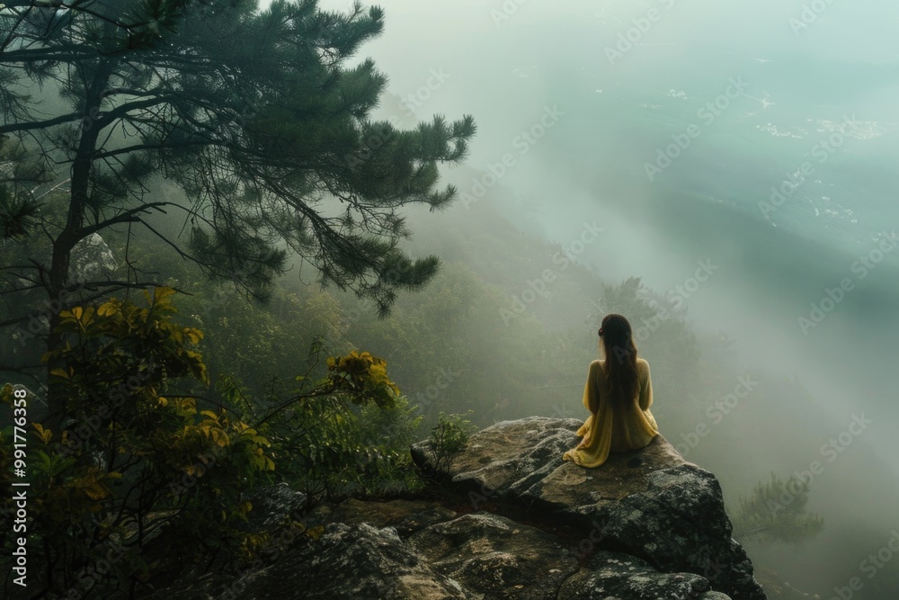 Obraz premium A woman sits atop a rocky outcropping beside a tall tree, enjoying the scenery