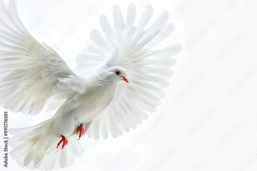 Obraz premium A serene moment of a white dove soaring through the sky, wings spread wide