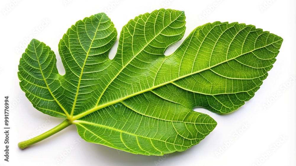 Obraz premium Lush Green Fig Tree Leaf Isolated on a White Background Highlighting Its Unique Textures and Patterns
