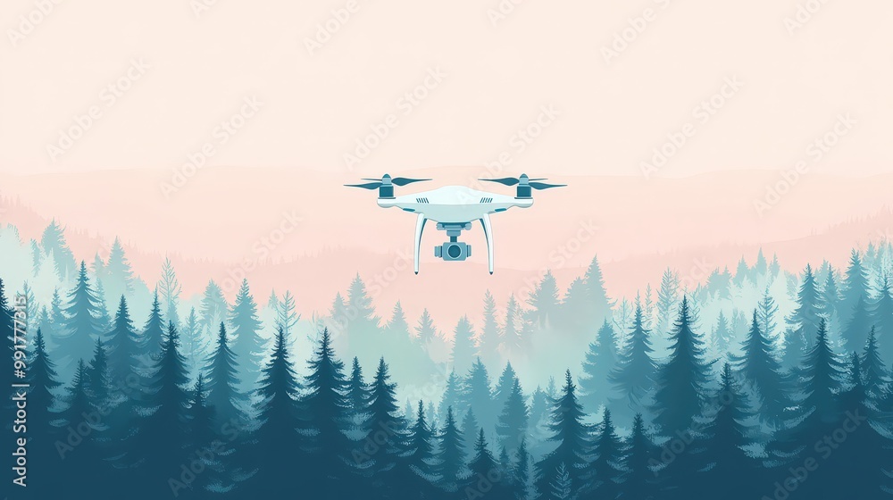 Drone Technology in Environmental Conservation - Aerial View of Dense Forest in Minimalist 2D Vector Illustration Drone Technology in Environmental Conservation - Aerial View of Dense Forest in Minimalist 2D Vector Illustration