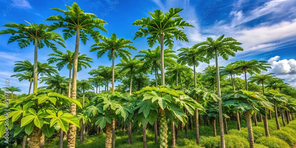 Lush Paw Paw Trees in a Tropical Setting Surrounded by Vibrant Green Foliage and Clear Blue Sky Lush Paw Paw Trees in a Tropical Setting Surrounded by Vibrant Green Foliage and Clear Blue Sky