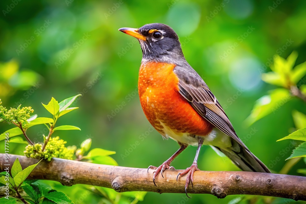 Majestic American Robin Perched on Branch in Lush Greenery of Michigan State Nature Scene
