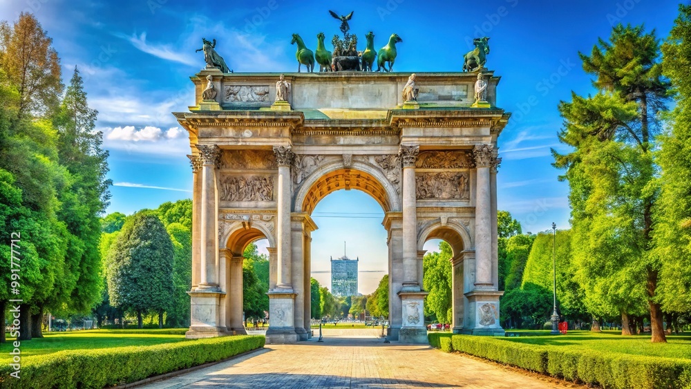 Obraz premium Majestic Arco della Pace Archway in Milan, Italy Surrounded by Lush Greenery and Clear Blue Sky
