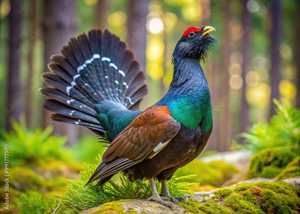 Majestic Capercaillie Bird Displaying Vibrant Plumage in Natural Forest Habitat During Spring Season Majestic Capercaillie Bird Displaying Vibrant Plumage in Natural Forest Habitat During Spring Season