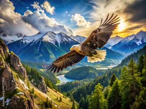 Majestic Eagle Soars Over Scenic Wilderness Landscape Captured in Breathtaking Outdoor Video photo