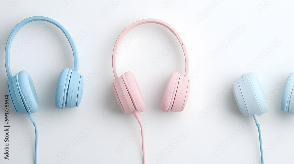Modern headphones in pastel colors, white backdrop Modern headphones in pastel colors, white backdrop