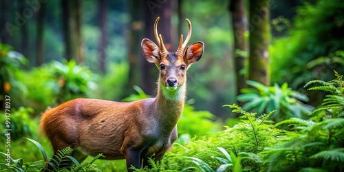 Majestic Musk Deer in Natural Habitat Surrounded by Lush Greenery and Vibrant Forest Environment photo