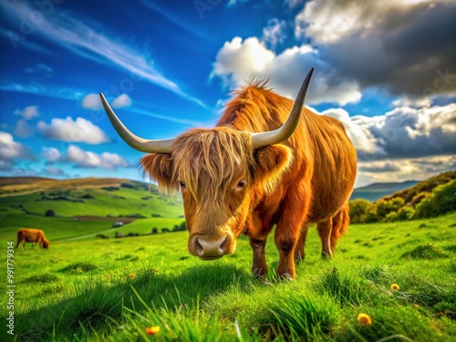 Majestic Shetland Cow Grazing in Lush Green Pasture Under Bright Blue Sky in Peaceful Countryside