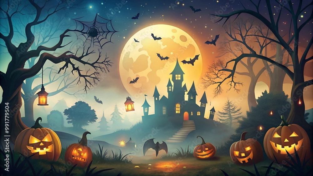 Halloween night background with a haunted house, pumpkins and bats in the sky. Scary haunted house at night cartoon illustration. Horror moon, pumpkins and tombstones creepy backdrop. Halloween night background with a haunted house, pumpkins and bats in the sky. Scary haunted house at night cartoon illustration. Horror moon, pumpkins and tombstones creepy backdrop.