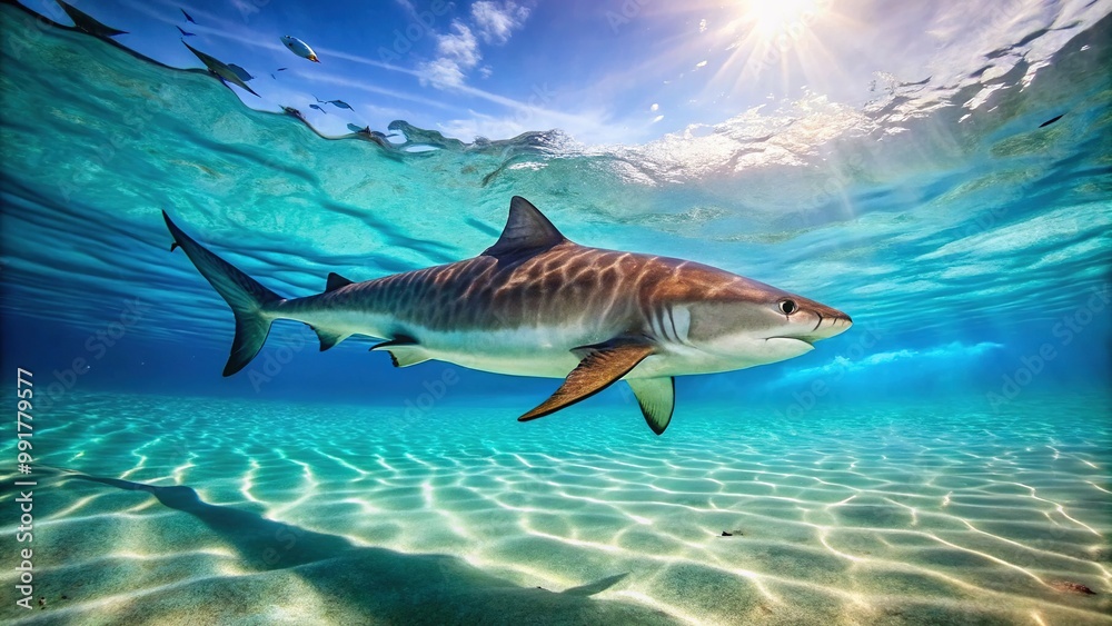 Fototapeta premium Majestic Tiger Shark Swimming Gracefully Through Crystal Clear Ocean Waters in Tropical Paradise