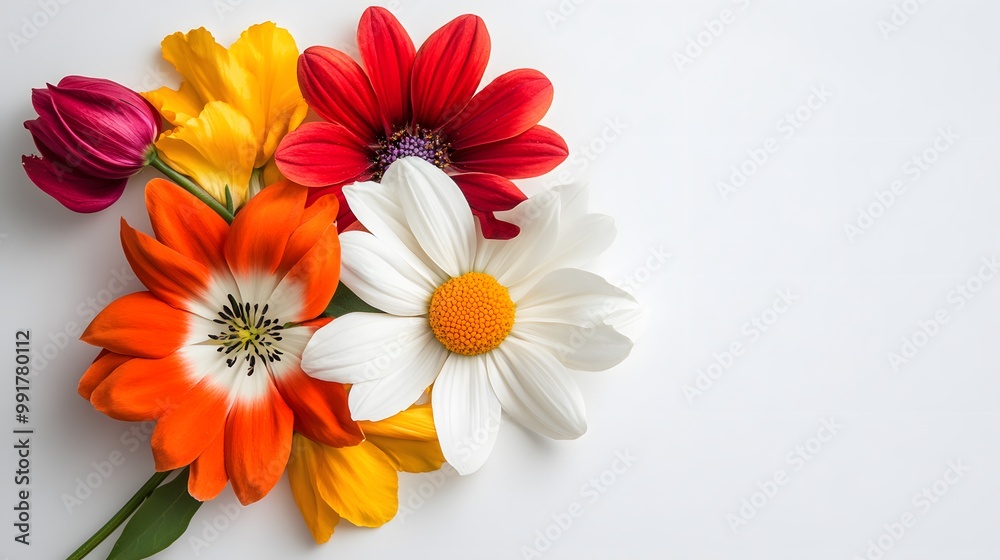 Fresh flowers, bold and bright, on a clean white background Fresh flowers, bold and bright, on a clean white background