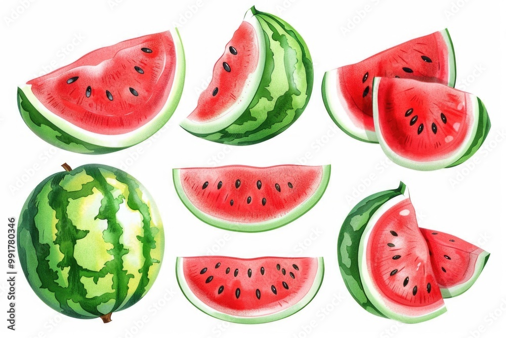 Fresh watermelon slices arranged neatly on a clean white surface, ideal for food photography or illustrations Fresh watermelon slices arranged neatly on a clean white surface, ideal for food photography or illustrations