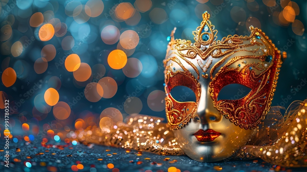 Carnival celebration featuring a Venetian mask surrounded by abstract defocused bokeh lights and sparkling streamers, embodying the concept of masquerade disguis