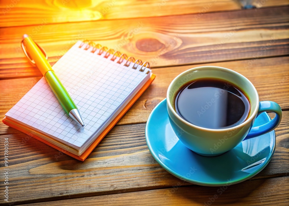 Motivational Monday Concept with Coffee Cup and Notepad on a Wooden Table in a Bright Office Space Motivational Monday Concept with Coffee Cup and Notepad on a Wooden Table in a Bright Office Space