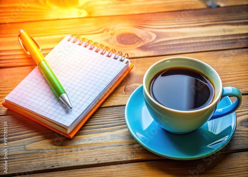 Motivational Monday Concept with Coffee Cup and Notepad on a Wooden Table in a Bright Office Space