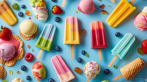 Assorted Ice Cream and Popsicles on Blue Background.