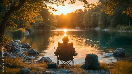 Person sitting in a camping chair by a serene, tree-lined riverbank, fishing with a rod, surrounded by rocks and tranquil water reflecting the greenery