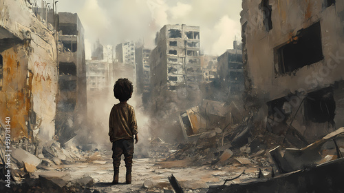 Child standing amidst ruins of bombedout city dwarfed by crumbling concrete and twisted metal lone figure in tattered clothes symbolizing innocence lost in the face of war. Lost City. Illustration photo