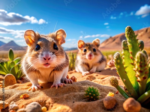 Playful Desert Hamsters Exploring Their Arid Habitat in a Vibrant Natural Environment