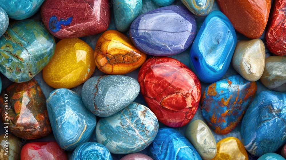 A close up of a colourful assortment of stones including red, blue and grey stones arranged close up to create a vibrant and textured abstract background. A close up of a colourful assortment of stones including red, blue and grey stones arranged close up to create a vibrant and textured abstract background.