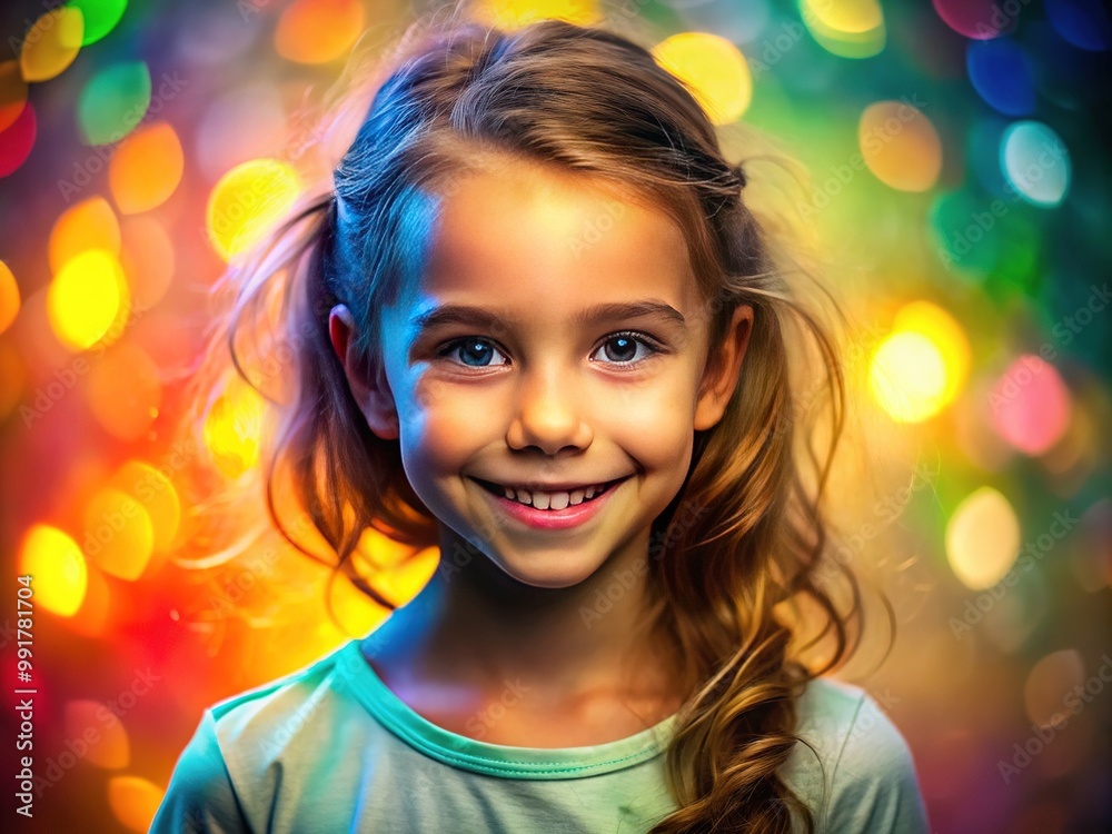 Portrait of a young girl with a prominent forehead and joyful expression against a colorful background Portrait of a young girl with a prominent forehead and joyful expression against a colorful background