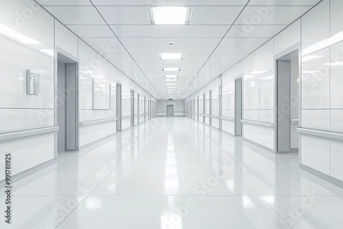 Clean sterile corridor in a modern hospital featuring white floors and minimalist architectural design