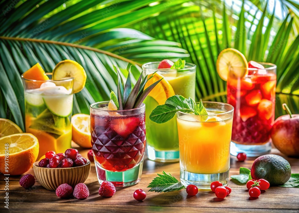 Refreshing Tropical Drinks in Colorful Glasses Surrounded by Fresh Fruits and Palm Leaves