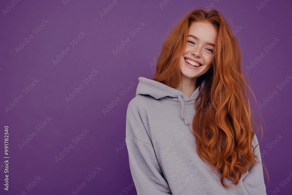 Student in hoodie and sweatpants against purple background with confident smile Student in hoodie and sweatpants against purple background with confident smile