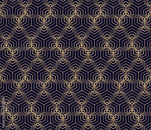 Vector golden linear geometric seamless pattern with quirky lines, stripes, hexagons, tiles, grid. Black and gold abstract background. Stylish luxury modern minimal texture. Repeatable geo design