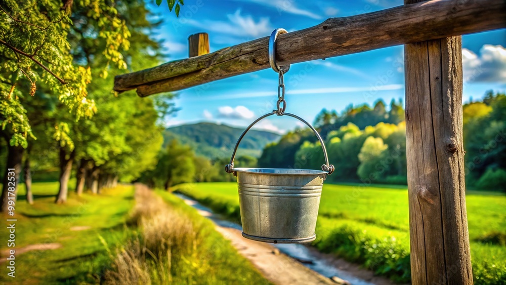 Rustic Well Bucket Hanging from a Wooden Beam on a Sunny Day in a Peaceful Countryside Setting