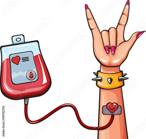 Blood bag with medical sign and woman hand with rock n roll gesture vector illustration. Blood donation graphic concept. World blood donor day June 14.