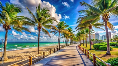 Scenic Miami Beach Boardwalk with Tropical Palm Trees and Vibrant Ocean Waves Under Clear Skies