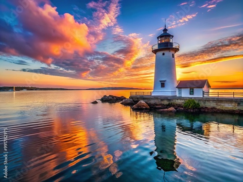 Scenic Portsmouth Harbor Lighthouse at Sunrise with Calm Waters and Beautiful Sky Reflections photo