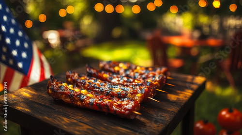 4th of July BBQ Party with Grilled Ribs, American Flag, Outdoor String Lights, Patriotic Celebration, Summer Evening Gathering photo