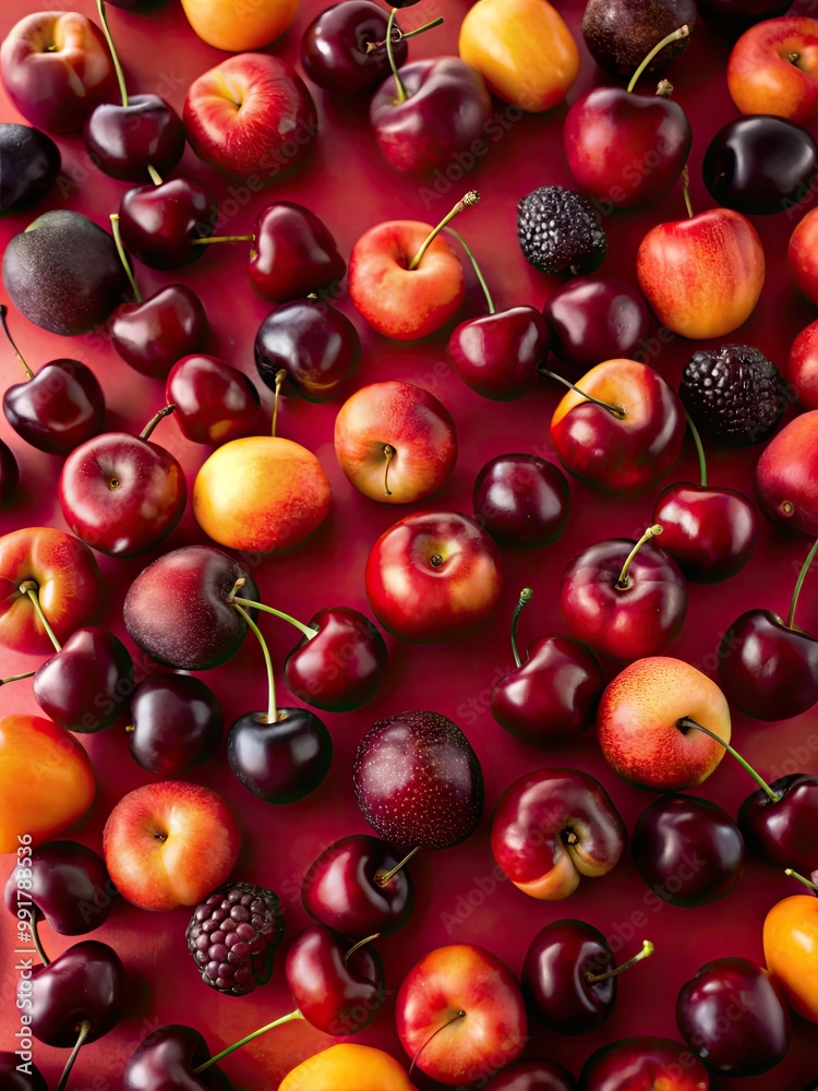 An assortment of fresh apples and cherries in warm sunlight. An assortment of fresh apples and cherries in warm sunlight.