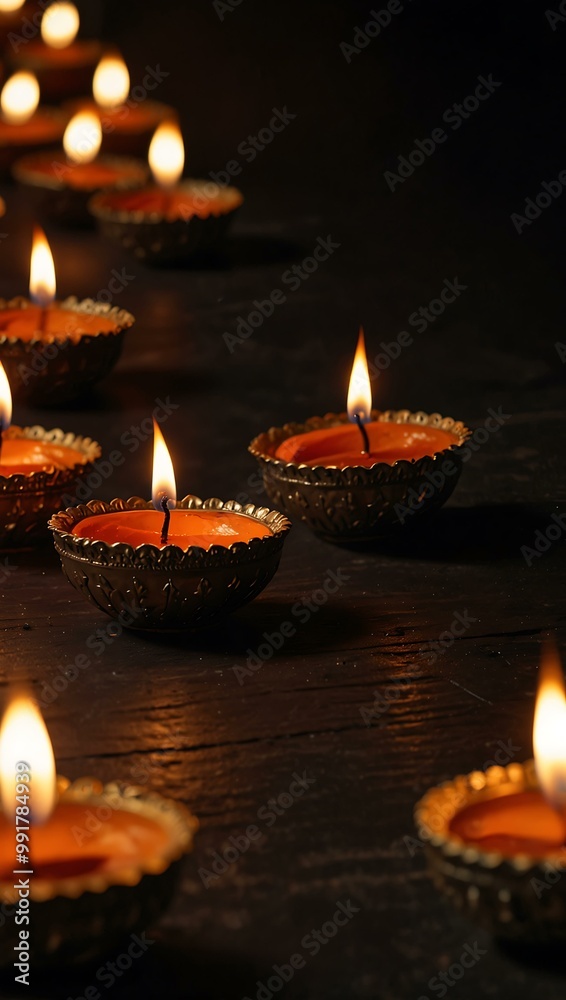 Row of glowing oil lamps (Diyas) on a dark backdrop, symbolizing light. Row of glowing oil lamps (Diyas) on a dark backdrop, symbolizing light.