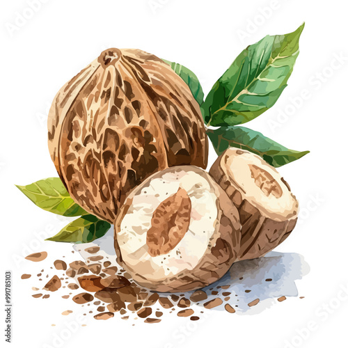 Watercolor illustration of Nutmeg, isolated on a white background, and Nutmeg vector