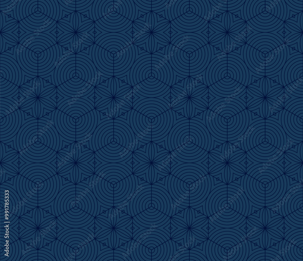 Vector minimalist geometric seamless pattern. Subtle dark blue abstract texture with hexagonal grid, thin lines, circles, floral silhouettes, lattice. Delicate geo background. Modern repeated design
