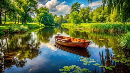 Serene Round Boat Floating on Calm Water Surrounded by Lush Greenery in a Picturesque Landscape